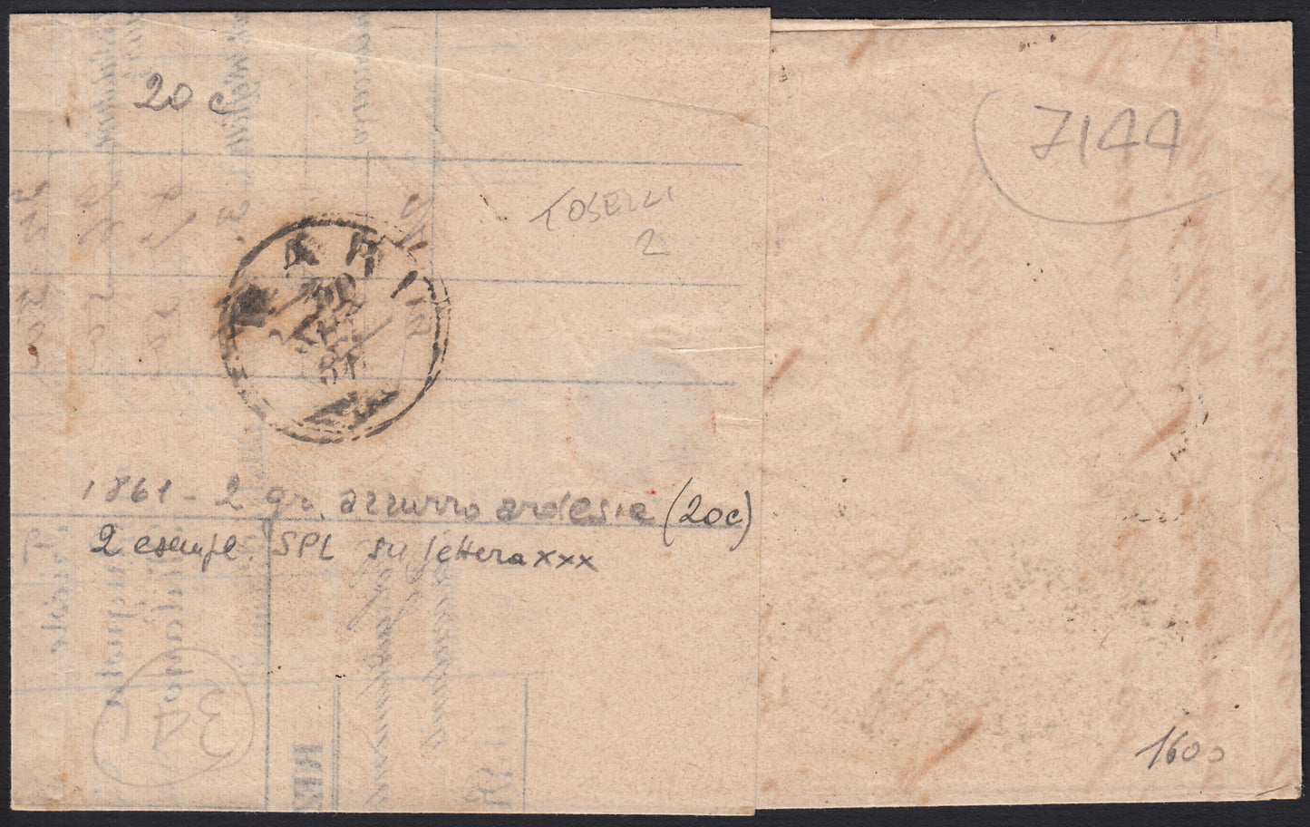 BO255_34 - 1861 - Lettera spedita da Napoli per Bari 28/9/61 affrancata con gr. 2 azzurro ardesia due esemplari (20c)