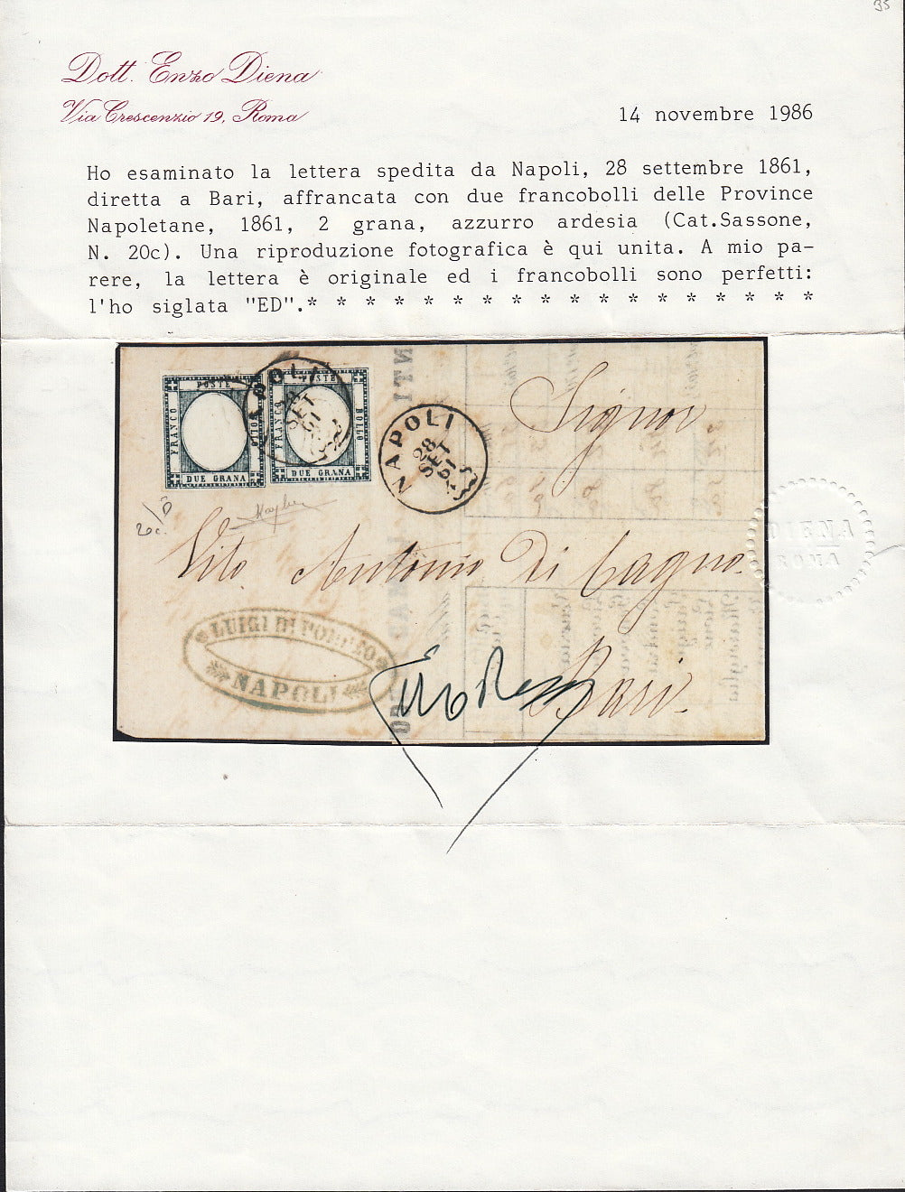 BO255_34 - 1861 - Lettera spedita da Napoli per Bari 28/9/61 affrancata con gr. 2 azzurro ardesia due esemplari (20c)