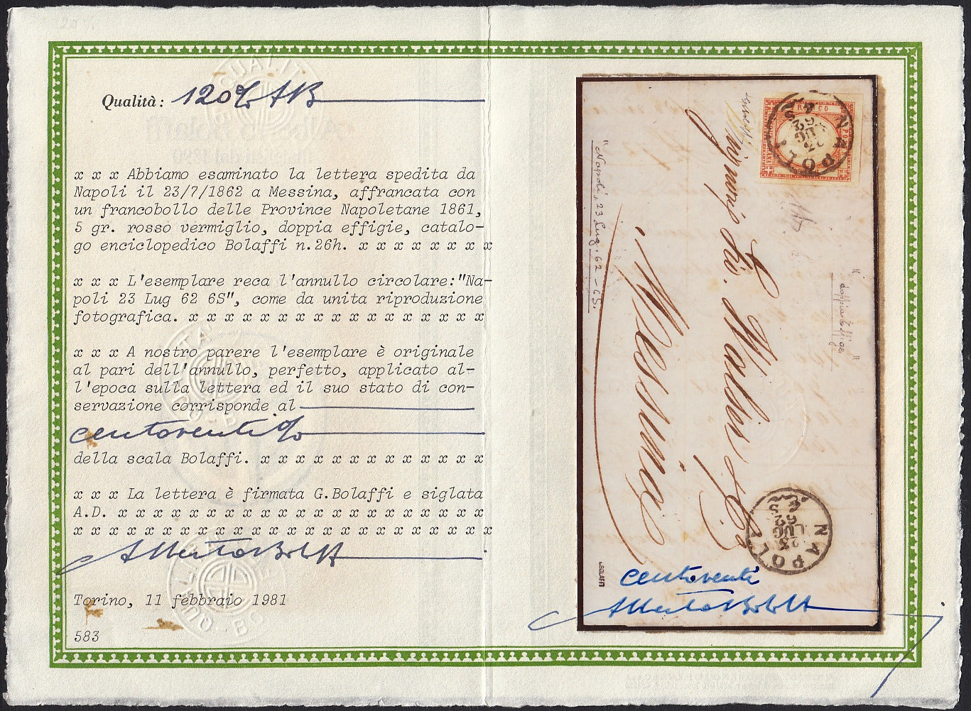 BO255_5 - 1862- Lettera spedita da Napoli per Messina 23/7/62 affrancata con 5 grana vermiglio (21a)