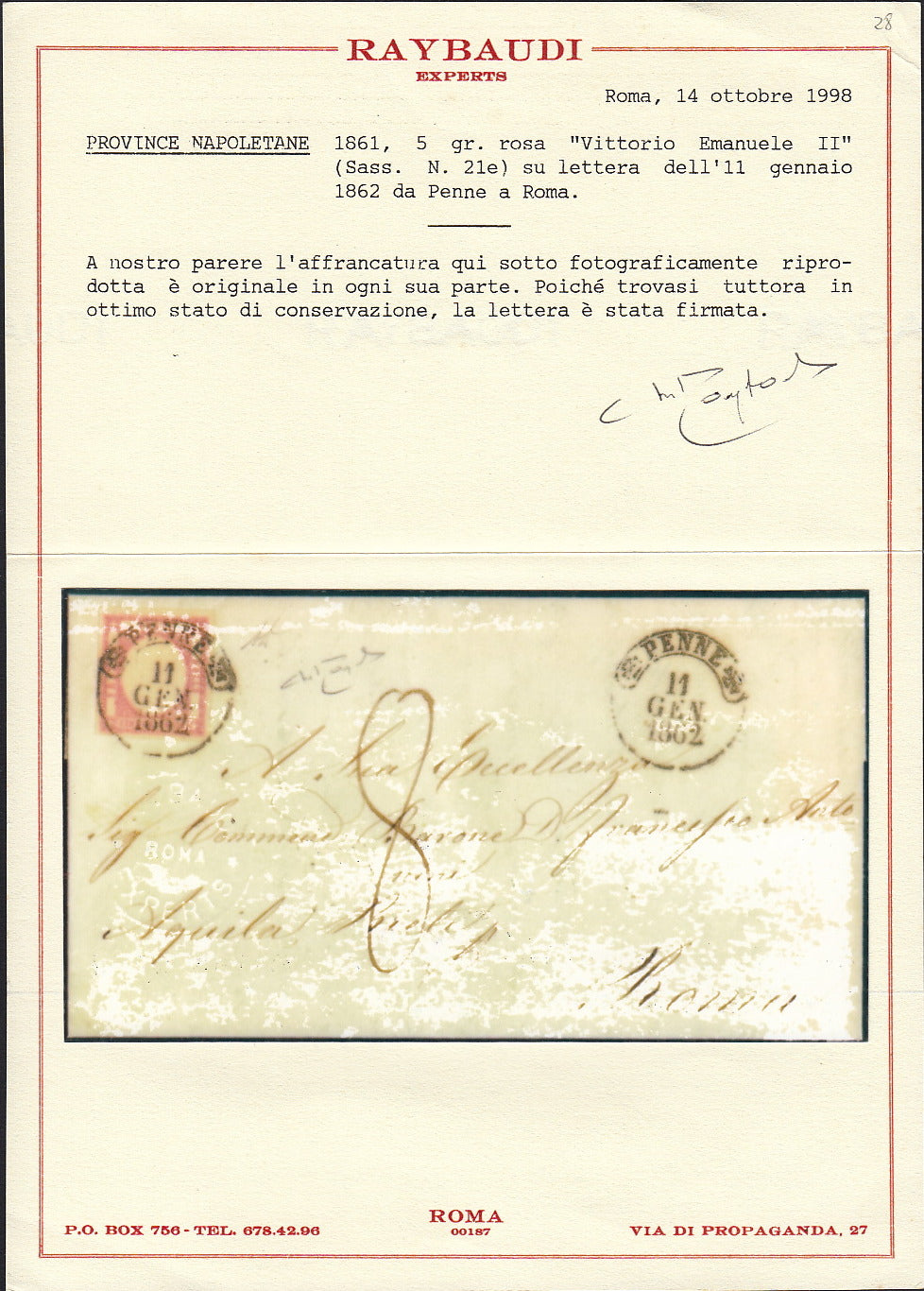 BO255_7 - 1862- Lettera spedita da Penne per Roma 11/1/62 affrancata con 5 grana rosa (21e)