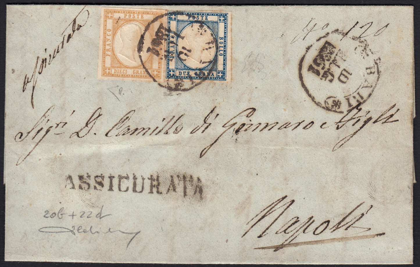 BO255_9 - 1861 - Lettera assicurata spedita da Bari per Napoli 10/7/61 affrancata con 2 grana azzurro + 10 grana bistro arancio (20b + 22d)