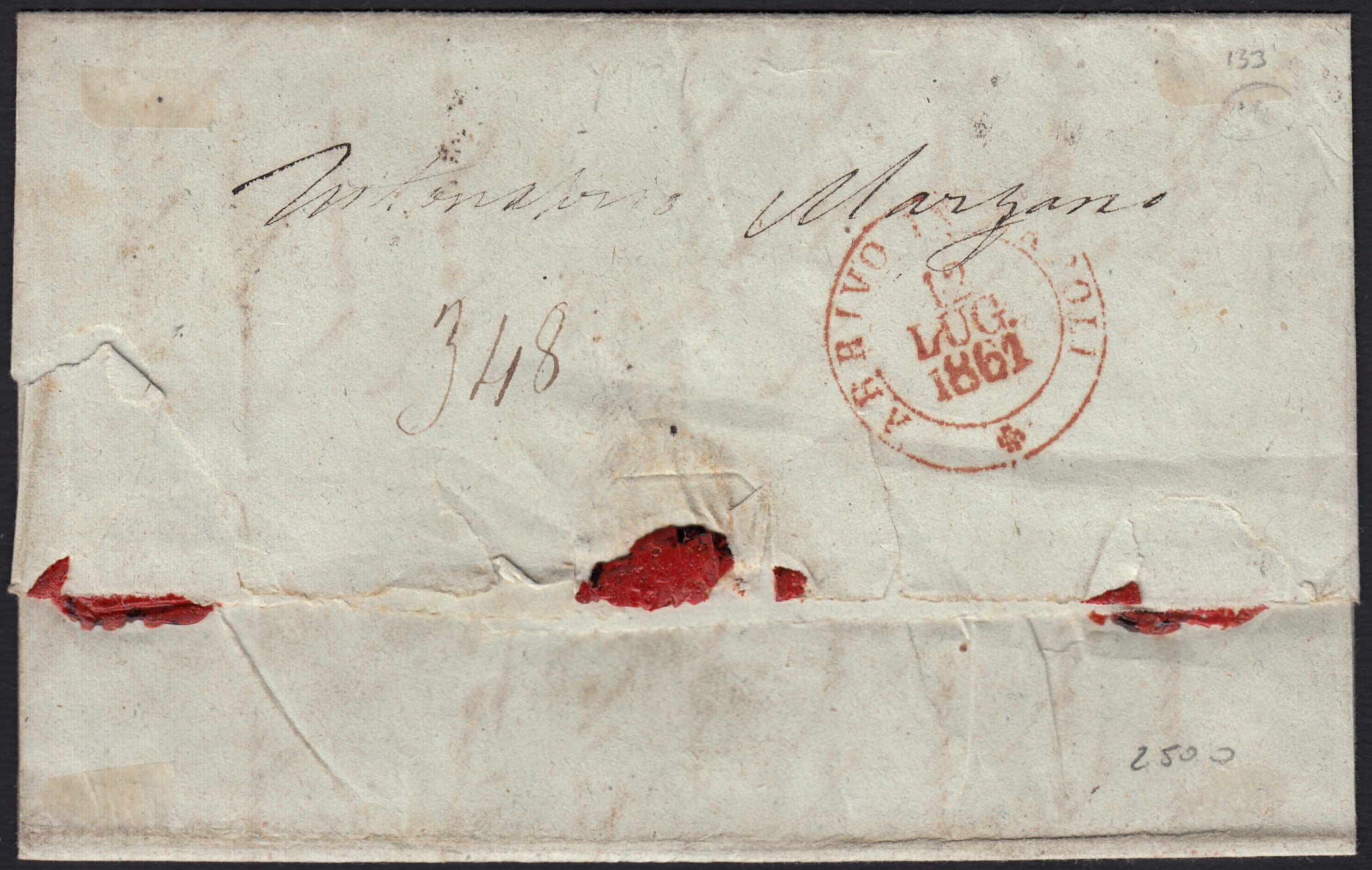 BO255_9 - 1861 - Lettera assicurata spedita da Bari per Napoli 10/7/61 affrancata con 2 grana azzurro + 10 grana bistro arancio (20b + 22d)