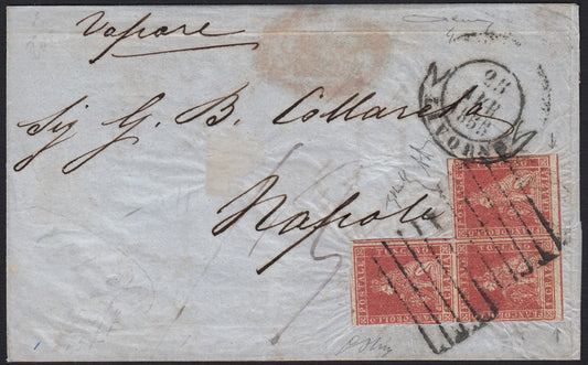 PPP449 - 1851 Leone di Marzocco, 2 light blue crazie on gray paper and crown watermark, used (5d)