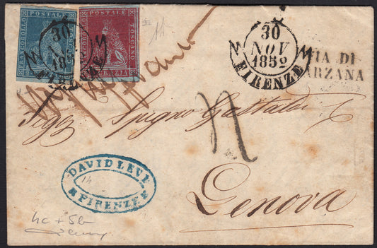 PPP449 - 1851 Leone di Marzocco, 2 light blue crazie on gray paper and crown watermark, used (5d)