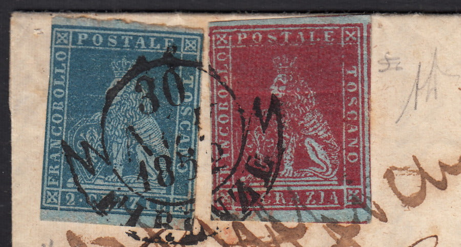 PPP449 - 1851 Leone di Marzocco, 2 light blue crazie on gray paper and crown watermark, used (5d)