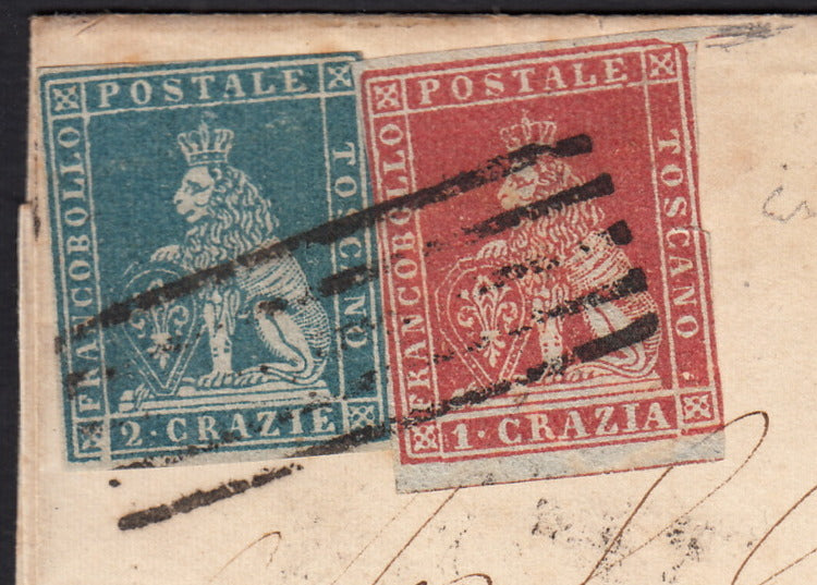 BO257_12 - 1853 - Lettera spedita da Firenze per Napoli 15/12/53 affrancata con 1 cr. carminio + 2 cr. azzurro verdastro entrambi su carta grigia (4d + 5e)
