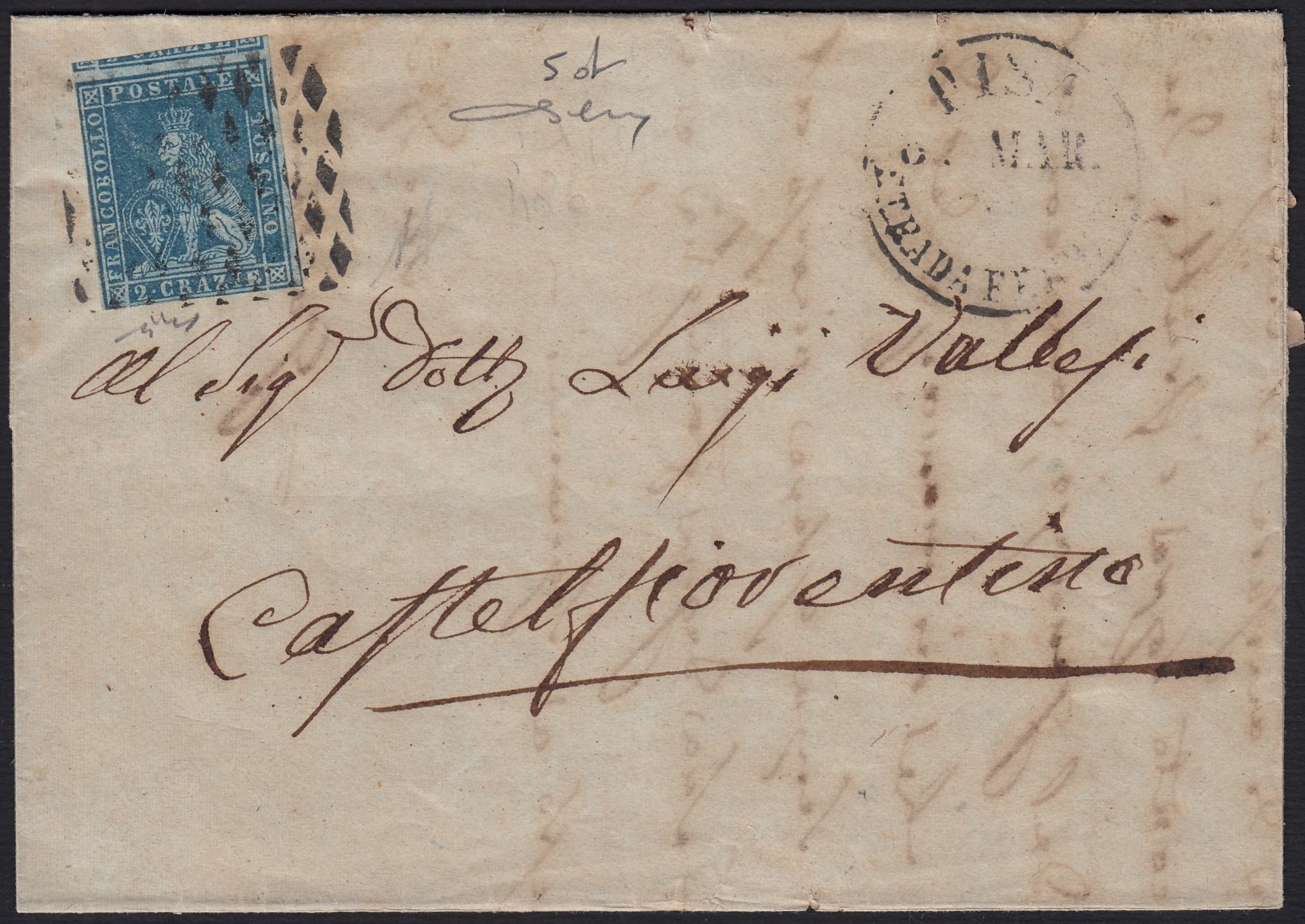 BO257_13 - 1853 - Lettera spedita da Pisa Strada Ferrata per per Castelforentino affrancata con 2 cr. azzurro  su carta grigia (5d)