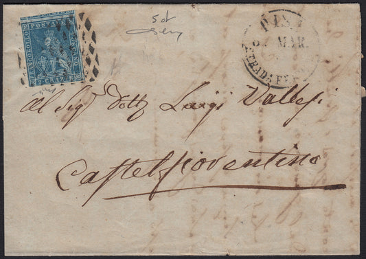 PPP449 - 1851 Leone di Marzocco, 2 light blue crazie on gray paper and crown watermark, used (5d)