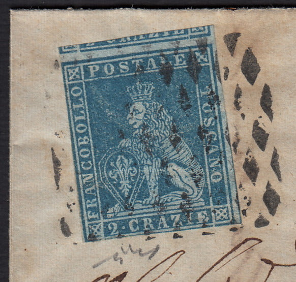 BO257_13 - 1853 - Lettera spedita da Pisa Strada Ferrata per per Castelforentino affrancata con 2 cr. azzurro  su carta grigia (5d)