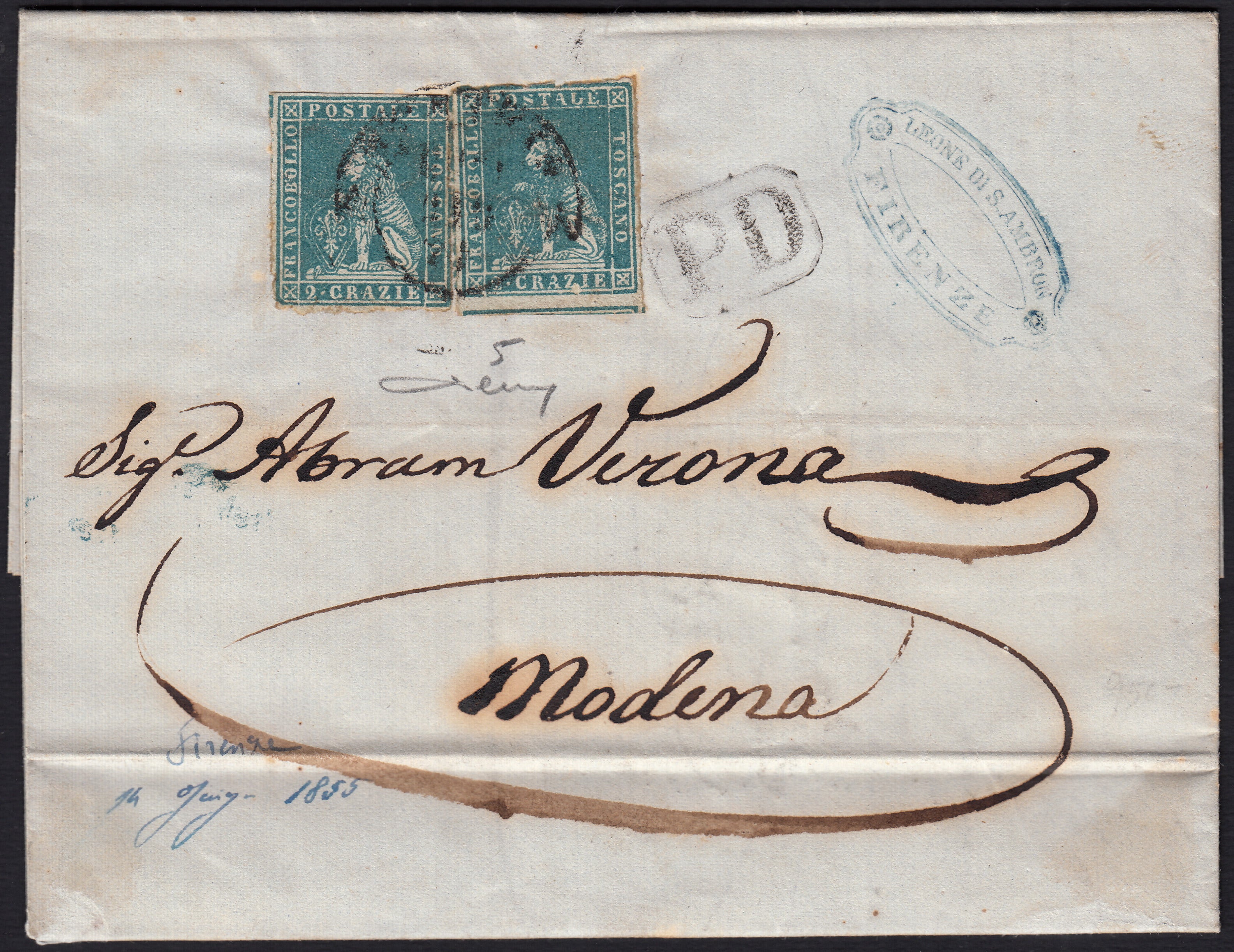 BO257_16 - 1855 - Lettera spedita da Firenze per Modena 14/6/55 affrancata con 2 cr. azzurro chiaro su carta grigia due esemplari (5)