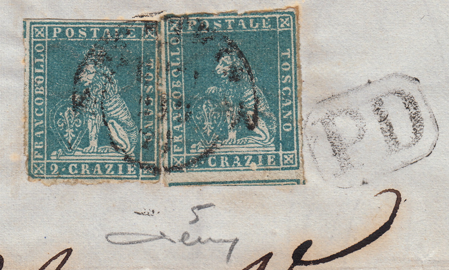 BO257_16 - 1855 - Lettera spedita da Firenze per Modena 14/6/55 affrancata con 2 cr. azzurro chiaro su carta grigia due esemplari (5)