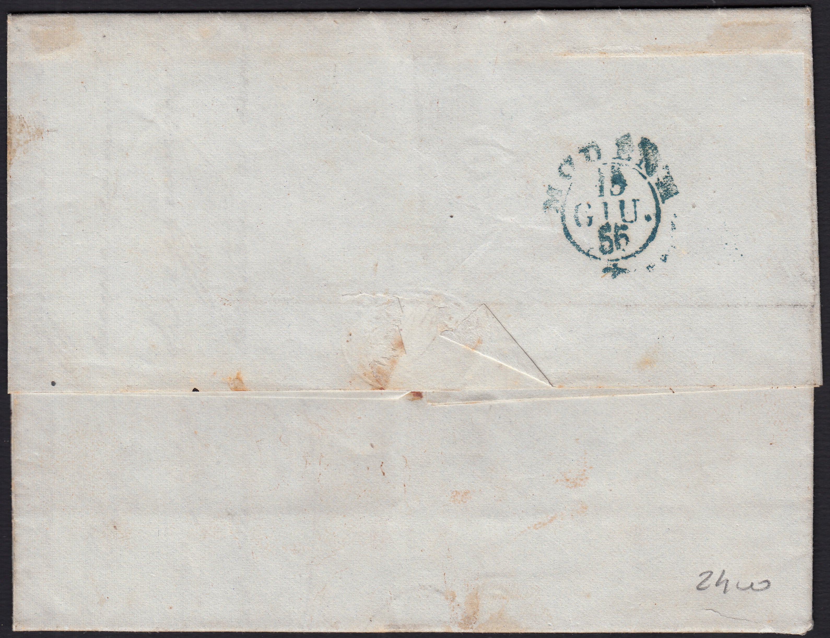 PPP449 - 1851 Leone di Marzocco, 2 light blue crazie on gray paper and crown watermark, used (5d)