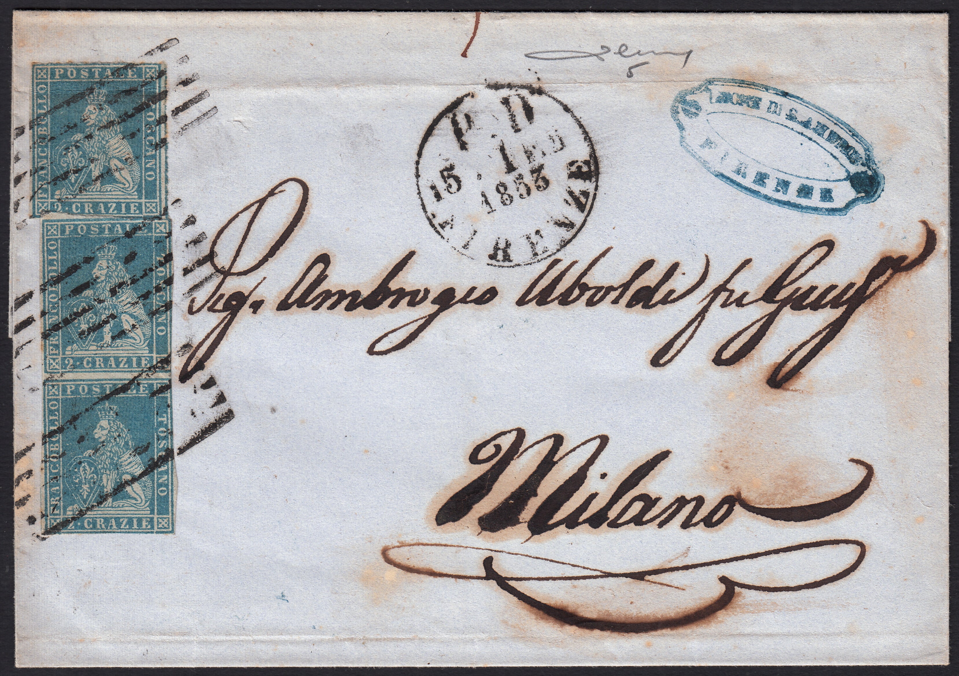 BO257_18 - 1853 - Lettera spedita da Firenze per Milano 15/2/53 affrancata con 2 crazie azzurro su carta grigia coppia verticale.+ singolo (5)