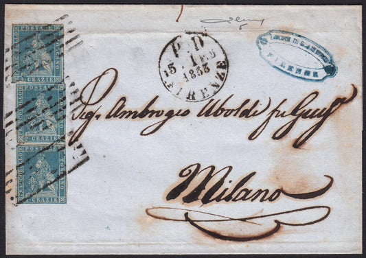 PPP449 - 1851 Leone di Marzocco, 2 light blue crazie on gray paper and crown watermark, used (5d)