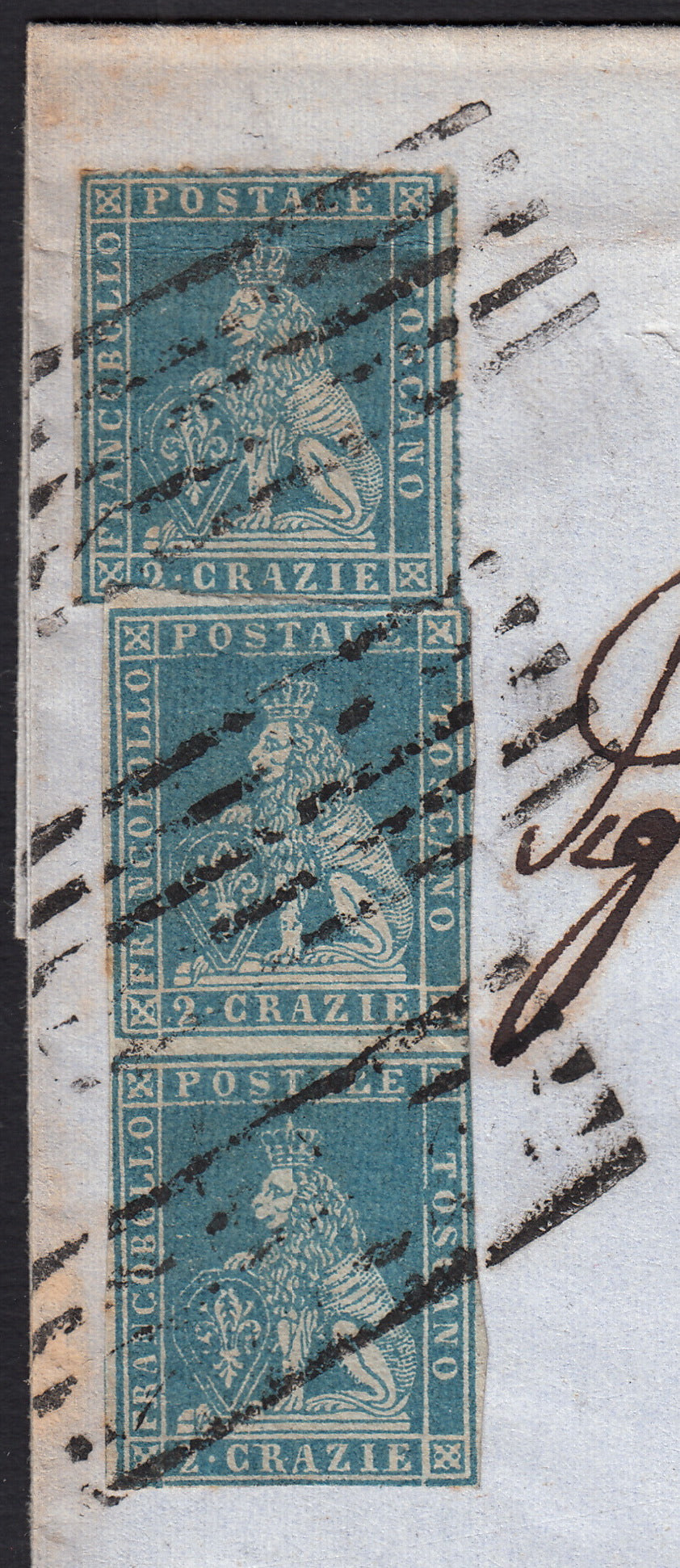 PPP449 - 1851 Leone di Marzocco, 2 light blue crazie on gray paper and crown watermark, used (5d)