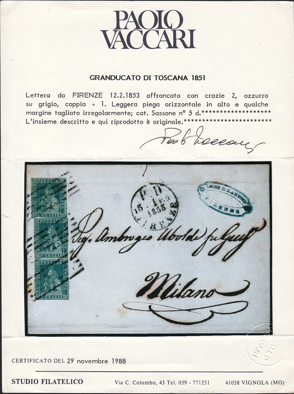 PPP449 - 1851 Leone di Marzocco, 2 light blue crazie on gray paper and crown watermark, used (5d)