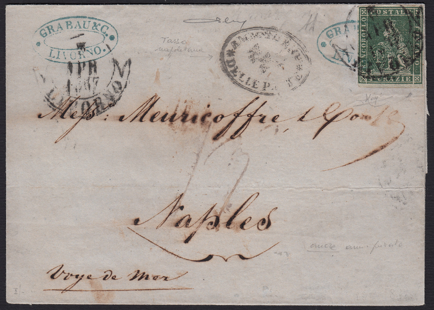 PPP449 - 1851 Leone di Marzocco, 2 light blue crazie on gray paper and crown watermark, used (5d)