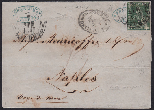 PPP449 - 1851 Leone di Marzocco, 2 light blue crazie on gray paper and crown watermark, used (5d)