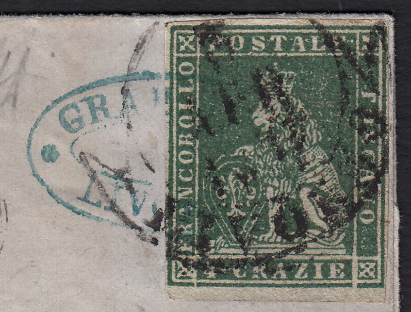 PPP449 - 1851 Leone di Marzocco, 2 light blue crazie on gray paper and crown watermark, used (5d)