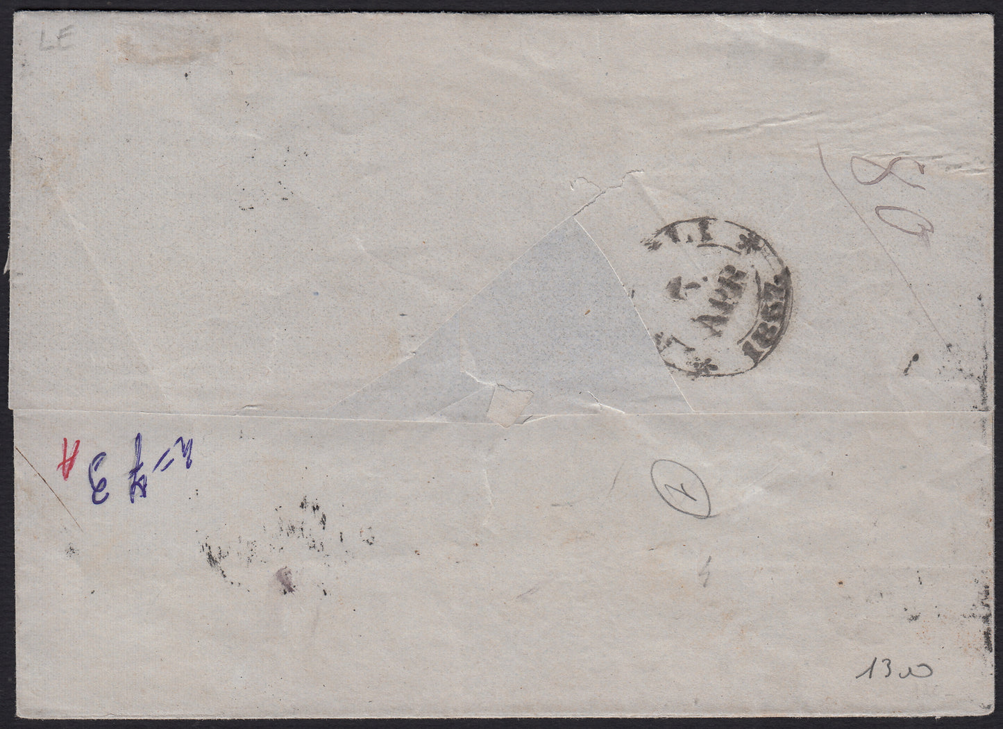 PPP449 - 1851 Leone di Marzocco, 2 light blue crazie on gray paper and crown watermark, used (5d)
