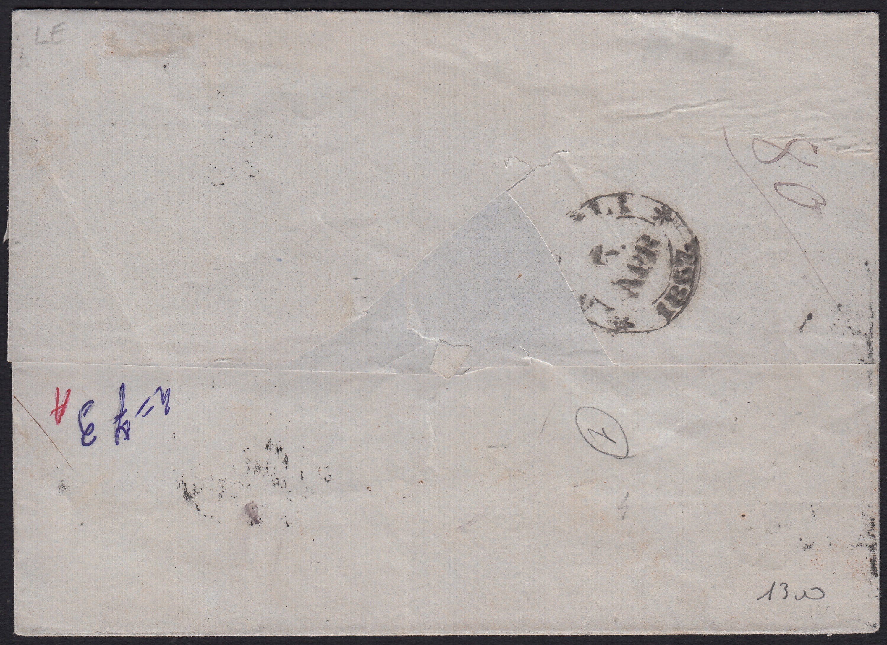 PPP449 - 1851 Leone di Marzocco, 2 light blue crazie on gray paper and crown watermark, used (5d)