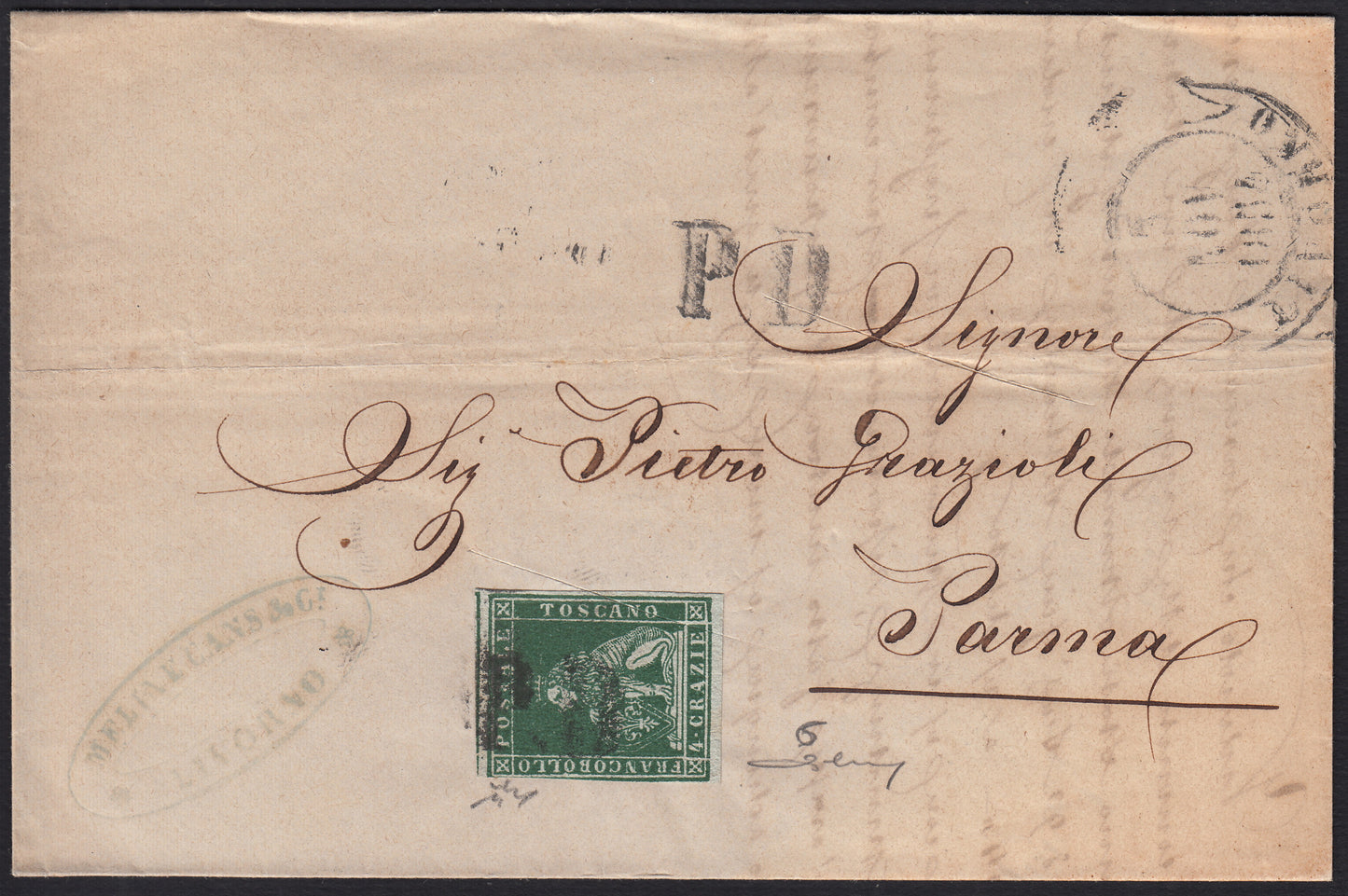 PPP449 - 1851 Leone di Marzocco, 2 light blue crazie on gray paper and crown watermark, used (5d)