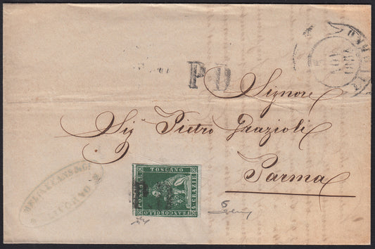 PPP449 - 1851 Leone di Marzocco, 2 light blue crazie on gray paper and crown watermark, used (5d)