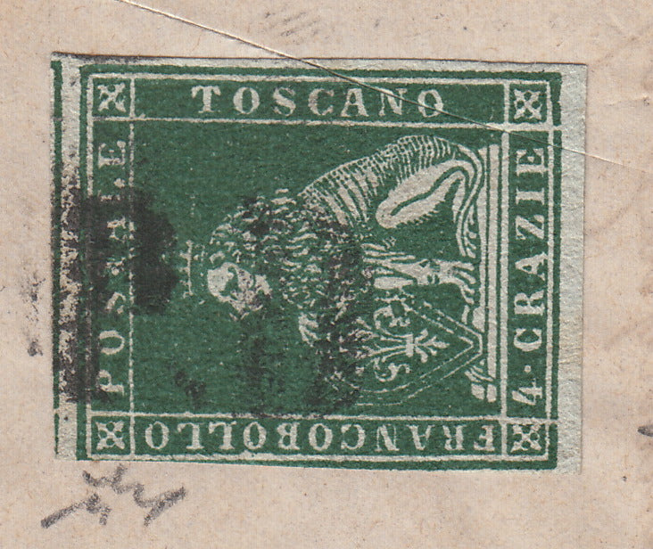 PPP449 - 1851 Leone di Marzocco, 2 light blue crazie on gray paper and crown watermark, used (5d)