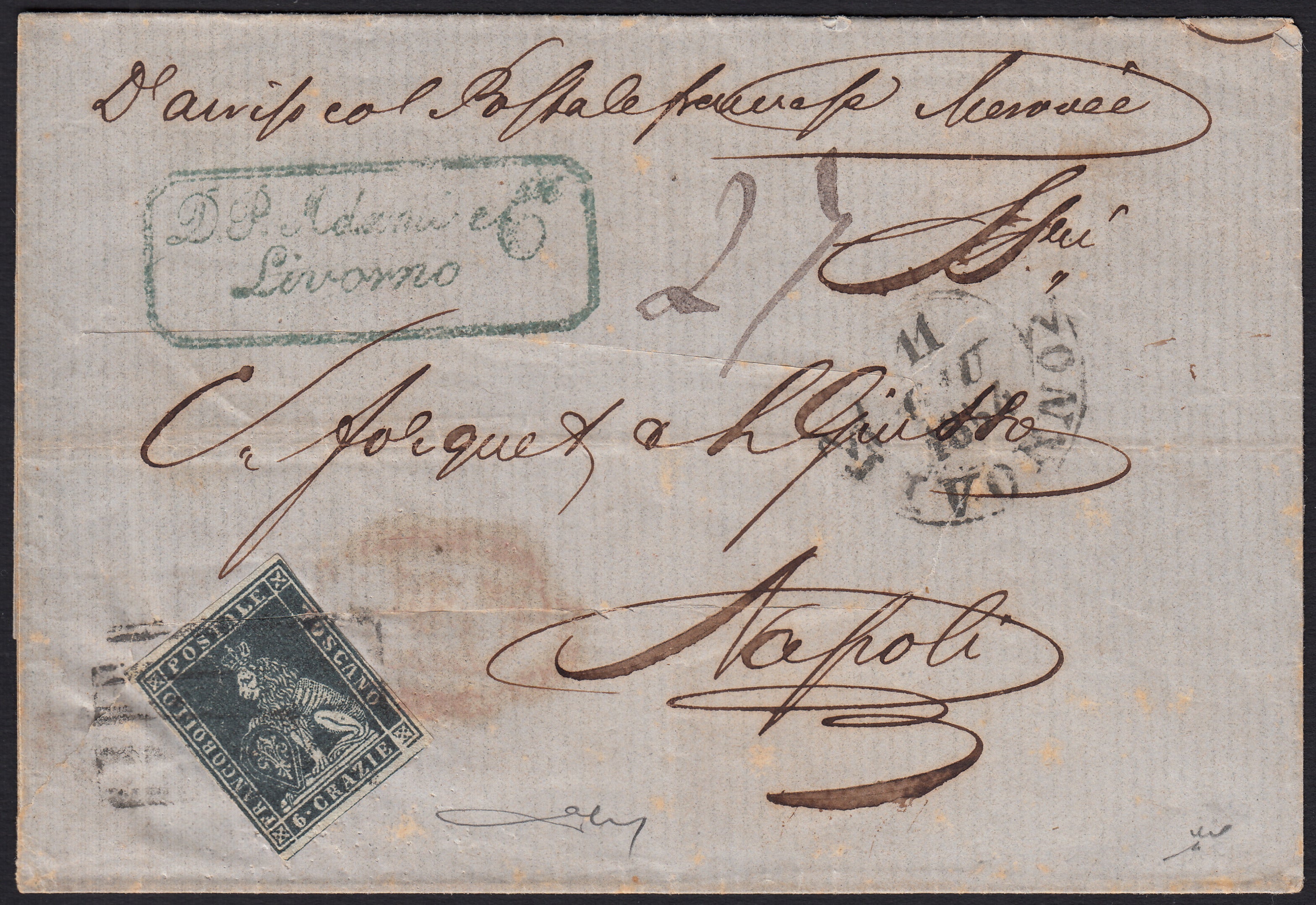 BO257_21 - 1854 - Lettera spedita da Livorno per Napoli 11/6/54 affrancata con 6 crazie ardesia su carta grigia (7)