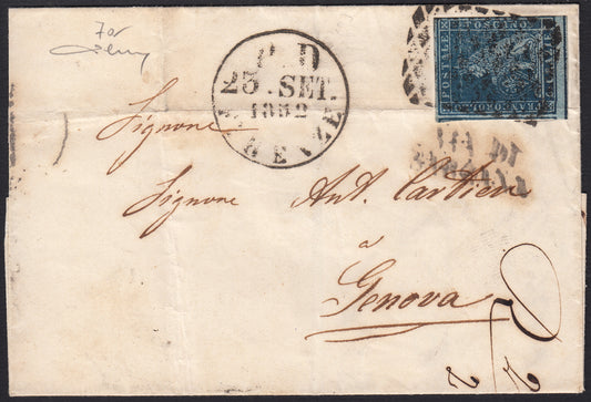 PPP449 - 1851 Leone di Marzocco, 2 light blue crazie on gray paper and crown watermark, used (5d)