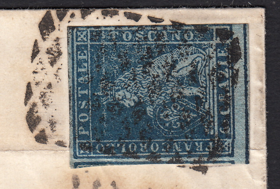 PPP449 - 1851 Leone di Marzocco, 2 light blue crazie on gray paper and crown watermark, used (5d)