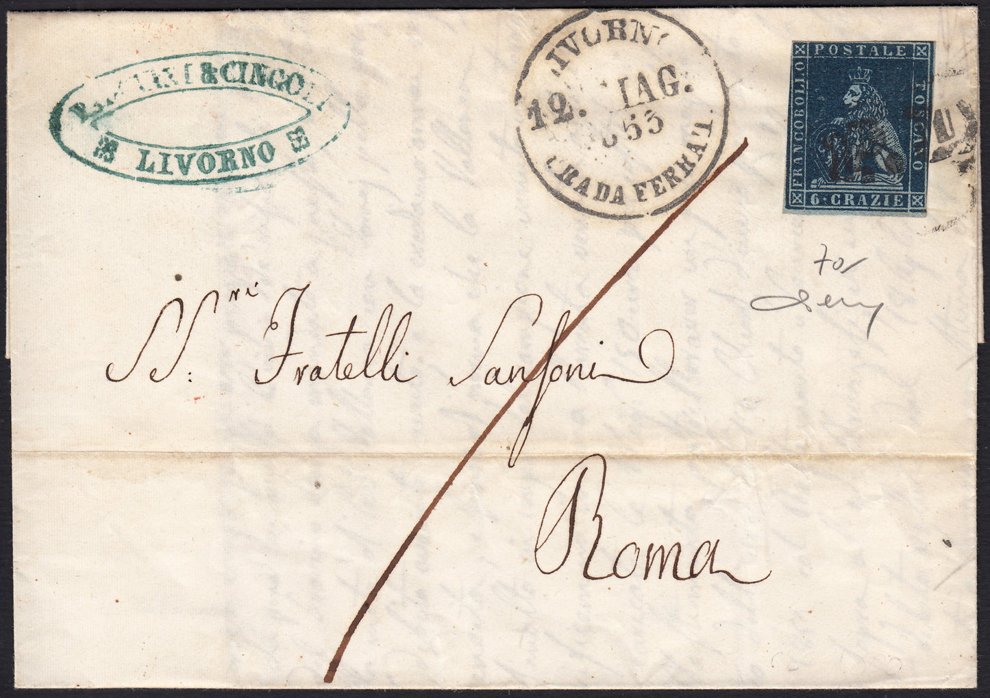 PPP449 - 1851 Leone di Marzocco, 2 light blue crazie on gray paper and crown watermark, used (5d)
