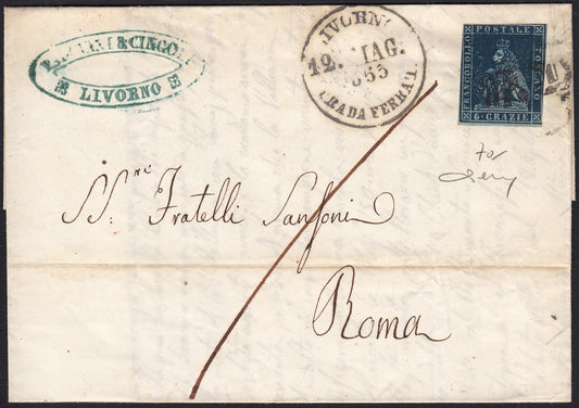 PPP449 - 1851 Leone di Marzocco, 2 light blue crazie on gray paper and crown watermark, used (5d)