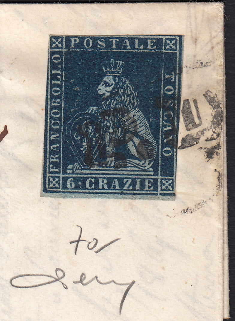BO257_24 - 1852 - Lettera spedita da Livorno Strada Ferrata per Roma 12/5/53 affrancata con 6 crazie indaco su carta azzurra (7a)