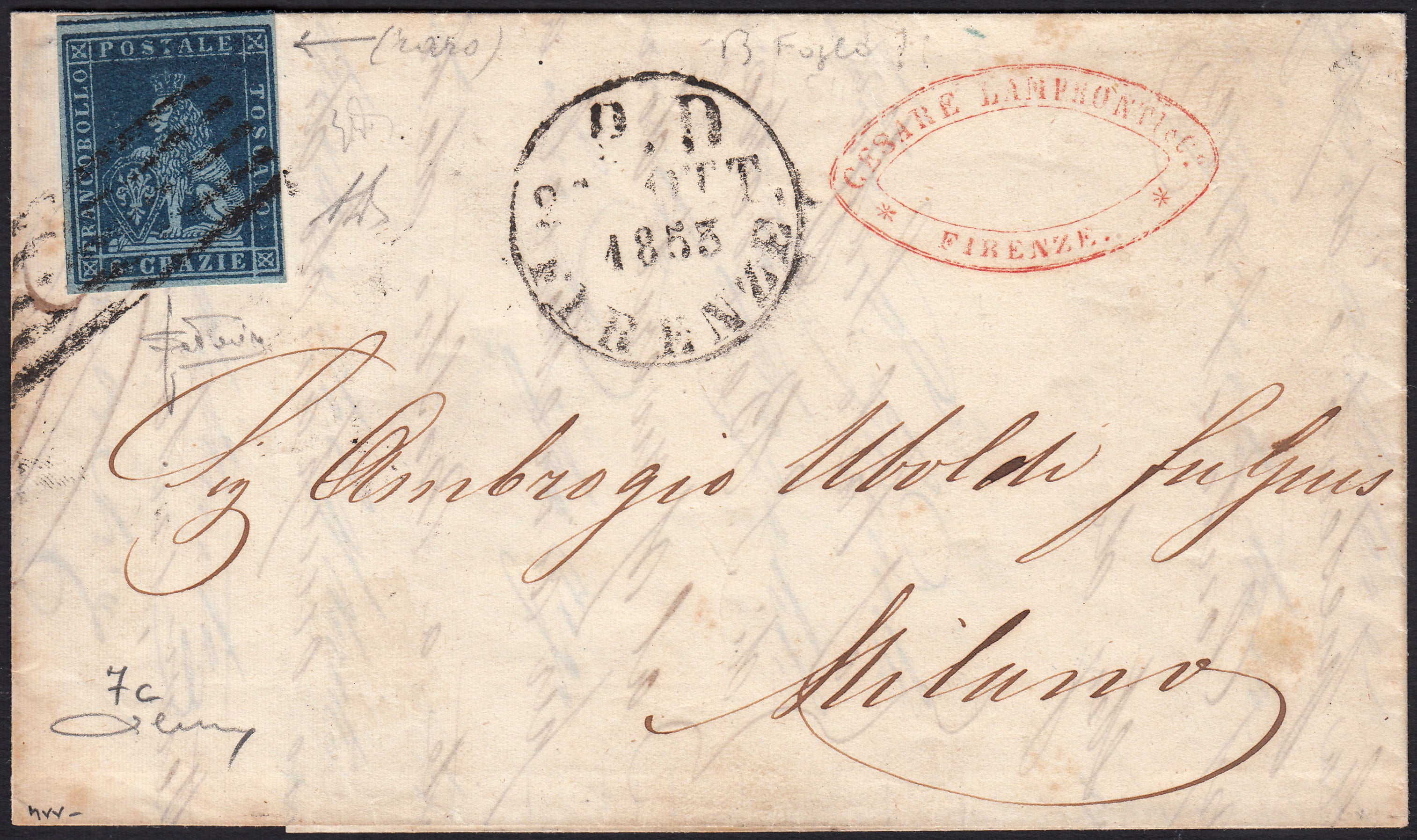 BO257_25 - 1853 - Lettera spedita da Firenze per Milano 24/10/53 affrancata con 6 crazie azzurro scuro su carta azzurra (7c)