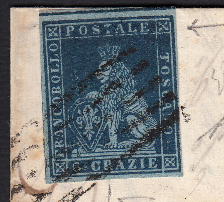 PPP449 - 1851 Leone di Marzocco, 2 light blue crazie on gray paper and crown watermark, used (5d)