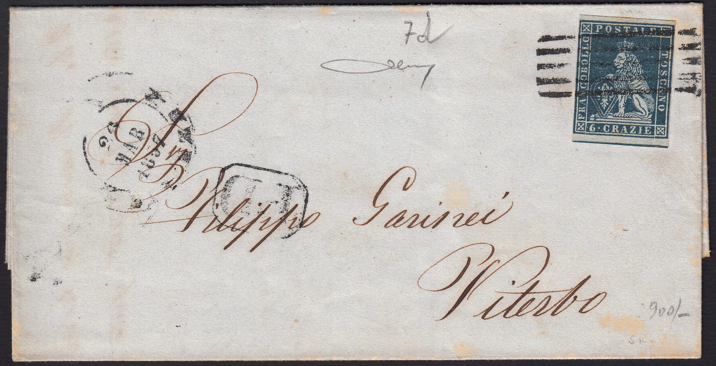 BO257_26 - 1857 - Lettera spedita da Firenze per Viterbo 26/3/57 affrancata con 6 crazie azzurro su carta grigia (7d)