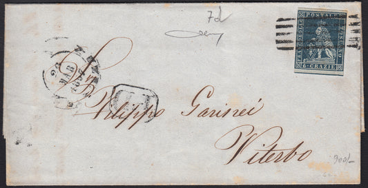 PPP449 - 1851 Leone di Marzocco, 2 light blue crazie on gray paper and crown watermark, used (5d)