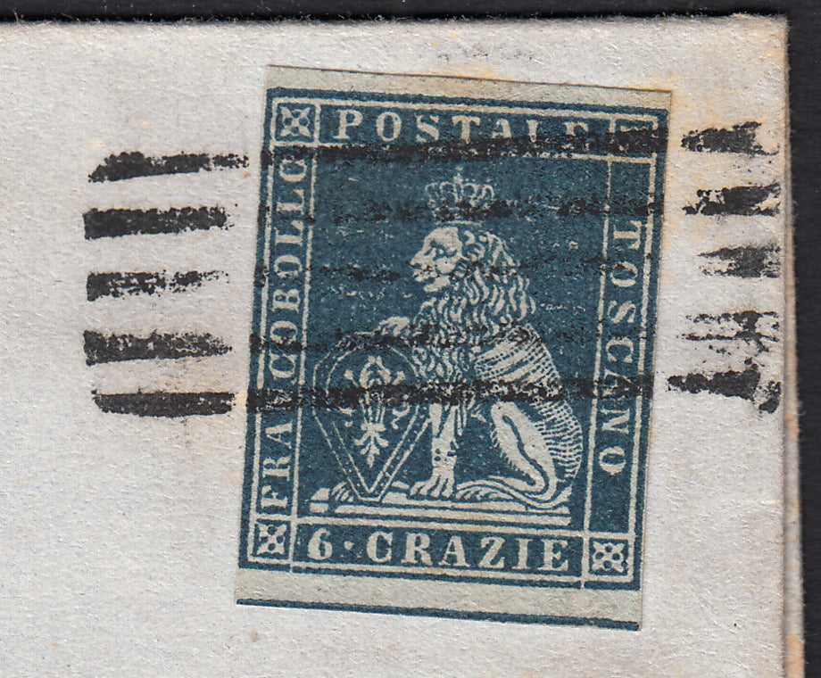 BO257_26 - 1857 - Lettera spedita da Firenze per Viterbo 26/3/57 affrancata con 6 crazie azzurro su carta grigia (7d)