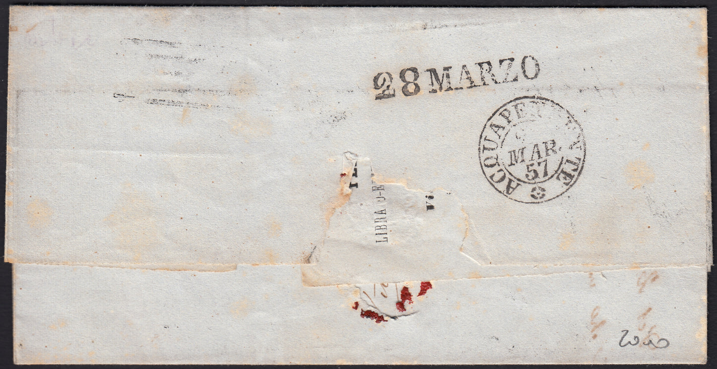 BO257_26 - 1857 - Lettera spedita da Firenze per Viterbo 26/3/57 affrancata con 6 crazie azzurro su carta grigia (7d)