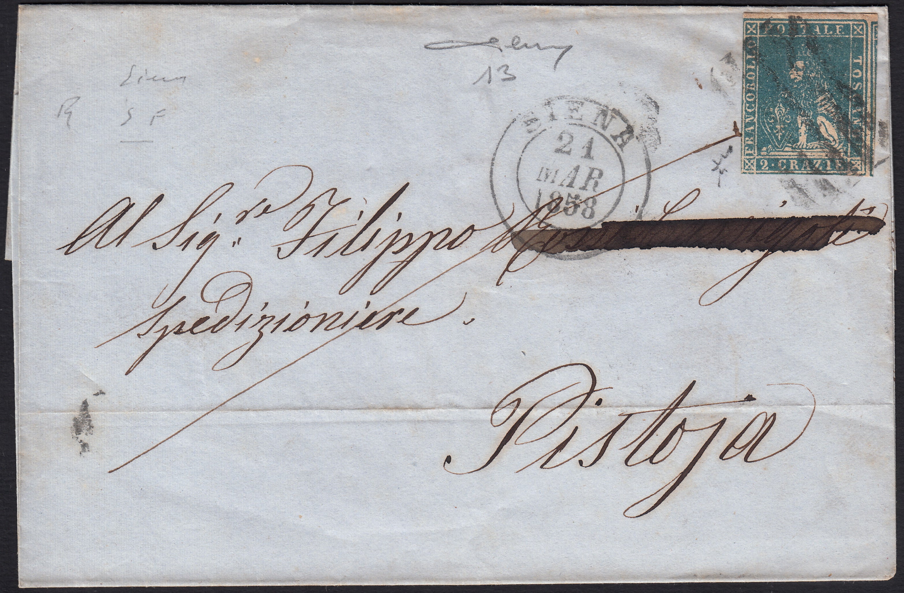 BO257_28 - 1858 - Lettera spedita da Siena per Pistoia 21/3/58 affrancata con 2 crazie azzurro su carta bianca e filigrana linee ondulate (13)