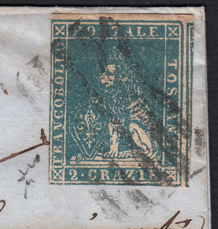 BO257_28 - 1858 - Lettera spedita da Siena per Pistoia 21/3/58 affrancata con 2 crazie azzurro su carta bianca e filigrana linee ondulate (13)