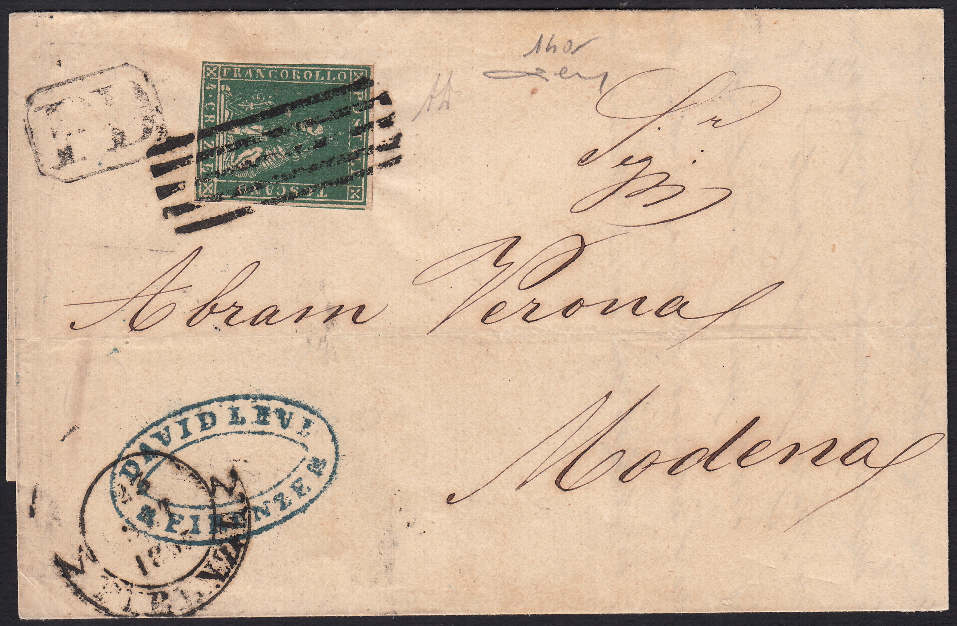BO257_29 - 1857 - Lettera spedita da Firenze per Modena 23/9/57 affrancata con 4 crazie verde giallastro su carta bianca e filigrana linee ondulate (14a)