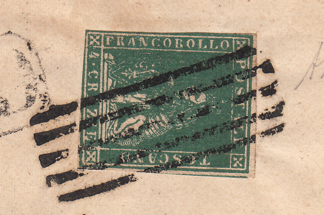BO257_29 - 1857 - Lettera spedita da Firenze per Modena 23/9/57 affrancata con 4 crazie verde giallastro su carta bianca e filigrana linee ondulate (14a)