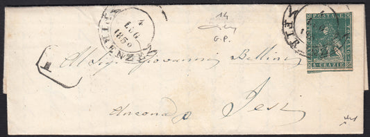 BO257_2 - 1859 - Lettera spedita da Firenze per Jesi 4/7/59 affrancata con cr.4 verde, periodo di Governo Provvisorio (14)