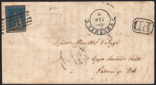 PPP449 - 1851 Leone di Marzocco, 2 light blue crazie on gray paper and crown watermark, used (5d)