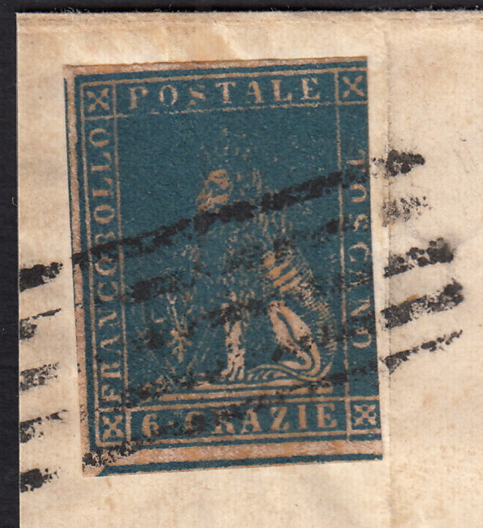 PPP449 - 1851 Leone di Marzocco, 2 light blue crazie on gray paper and crown watermark, used (5d)