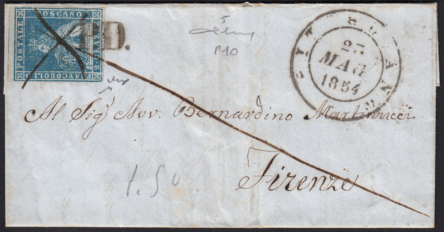 PPP449 - 1851 Leone di Marzocco, 2 light blue crazie on gray paper and crown watermark, used (5d)