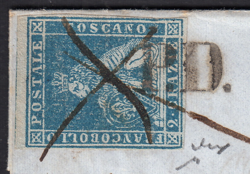 PPP449 - 1851 Leone di Marzocco, 2 light blue crazie on gray paper and crown watermark, used (5d)