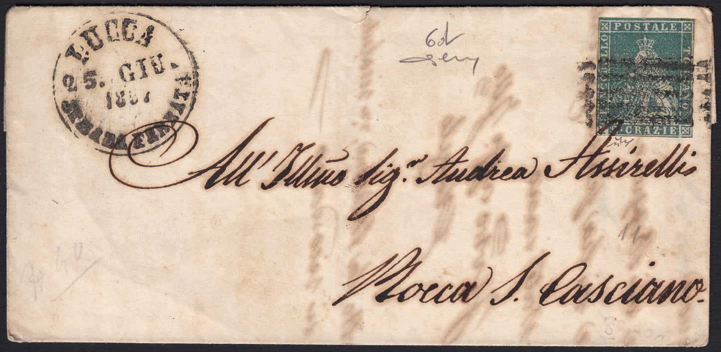 PPP449 - 1851 Leone di Marzocco, 2 light blue crazie on gray paper and crown watermark, used (5d)